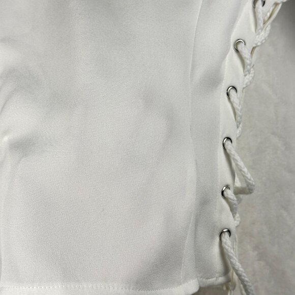 PLT WOMENS TOP SIZE 2 CREAM WOVEN LACE UP PLUNGE DETAIL LONG SLEEVE SEXY TOP NWT - Picture 10 of 12